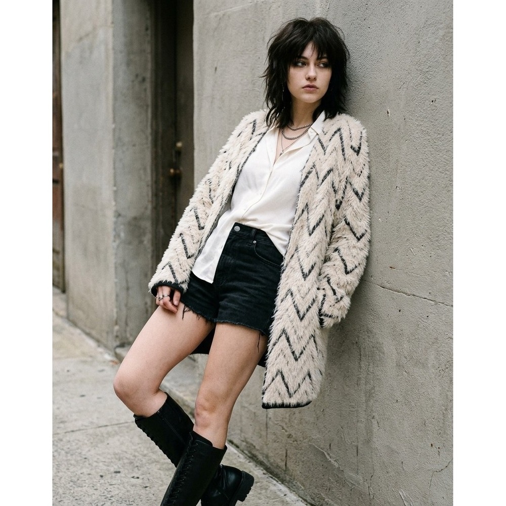 Vtg Y2K MISS CHARM PARIS S Shag Faux Fur Duster‎ Cardigan Coat Grunge Rock Boho